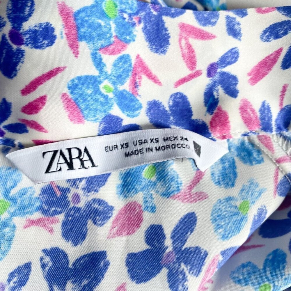 Zara Painted Floral Blue Bow Neckline Long Sleeve Blouse XS - Picture 2 of 8